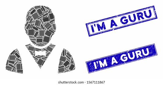 Mosaic waiter icon and rectangular seal stamps. Flat vector waiter mosaic pictogram of random rotated rectangular items. Blue caption seal stamps with rubber surface.