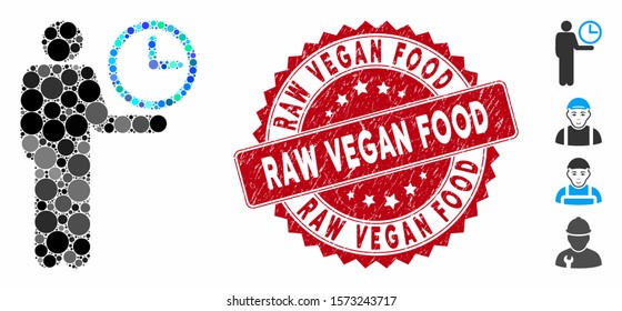 Mosaic waiter icon and rubber stamp seal with Raw Vegan Food caption. Mosaic vector is designed with waiter icon and with randomized round spots. Raw Vegan Food stamp uses red color,