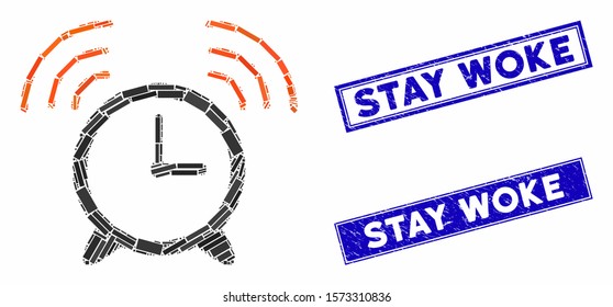 Mosaic wake up clock icon and rectangular Stay Woke seal stamps. Flat vector wake up clock mosaic icon of random rotated rectangle items. Blue Stay Woke seal stamps with grunge textures.