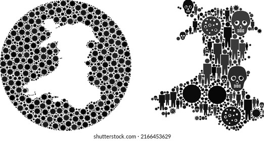 Mosaic Wales map composed of covid virus elements and men and dead head elements. Evil virus Wales map mosaic composed with circle and subtracted space. Collages designed for outbreak propaganda.