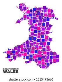 Mosaic Wales map isolated on a white background. Vector geographic abstraction in pink and violet colors. Mosaic of Wales map combined of scattered small squares.