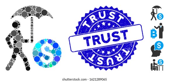 Mosaic walking banker with umbrella icon and grunge stamp seal with Trust phrase. Mosaic vector is designed with walking banker with umbrella icon and with scattered circle elements.