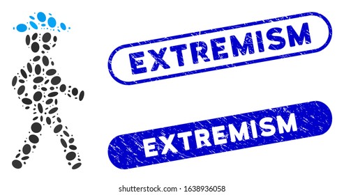 Mosaic walking gentleman and distressed stamp seals with Extremism caption. Mosaic vector walking gentleman is composed with randomized oval parts. Extremism stamp seals use blue color,