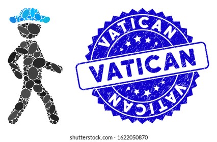 Mosaic walking gentleman icon and rubber stamp seal with Vatican caption. Mosaic vector is formed with walking gentleman pictogram and with random oval elements. Vatican stamp seal uses blue color,