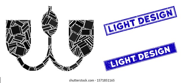 Mosaic wall fixture icon and rectangle Light Design seal stamps. Flat vector wall fixture mosaic icon of randomized rotated rectangle elements. Blue Light Design rubber stamps with scratched texture.