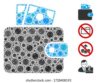 Mosaic wallet constructed from flu virus icons in various sizes and color hues. Vector infection icons are arranged into abstract illustration wallet icon. Some bonus icons are added.