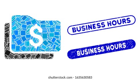 Mosaic wallet and rubber stamp watermarks with Business Hours text. Mosaic vector wallet is formed with random rectangle items. Business Hours seals use blue color, and have round rectangle shape.