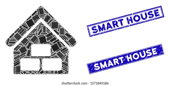 Mosaic warehouse icon and rectangular Smart House seals. Flat vector warehouse mosaic icon of scattered rotated rectangular elements. Blue Smart House stamps with distress surface.