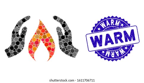 Mosaic warm up hands icon and corroded stamp seal with Warm phrase. Mosaic vector is created with warm up hands icon and with randomized spheric spots. Warm stamp seal uses blue color,