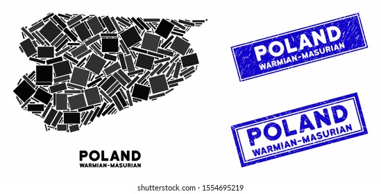 Mosaic Warmian-Masurian Voivodeship map and rectangular seals. Flat vector Warmian-Masurian Voivodeship map mosaic of randomized rotated rectangular items. Blue caption seals with scratched textures.