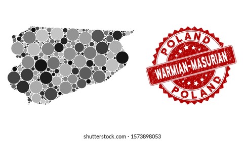 Mosaic Warmian-Masurian Voivodeship map and round watermark. Flat vector Warmian-Masurian Voivodeship map mosaic of scattered round items. Red watermark with distress style.