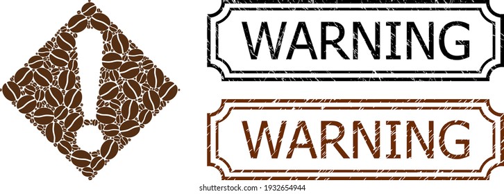 Mosaic warning constructed from cacao beans, and grunge Warning rectangle stamps with notches. Vector coffee parts are united into abstract mosaic warning icon with brown color.