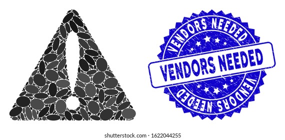 Mosaic warning error icon and distressed stamp watermark with Vendors Needed text. Mosaic vector is designed from warning error icon and with randomized oval spots.