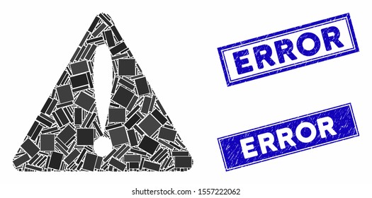 Mosaic warning error icon and rectangular seals. Flat vector warning error mosaic icon of scattered rotated rectangular elements. Blue caption rubber seals with grunge texture.