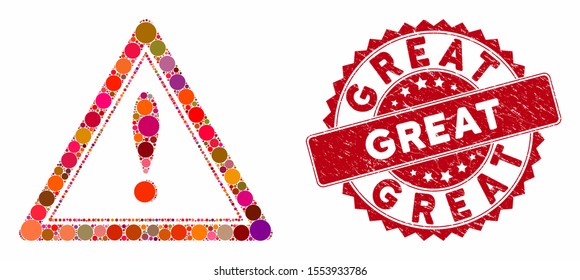 Mosaic warning triangle and grunge stamp watermark with Great caption. Mosaic vector is formed from warning triangle icon and with random circle items. Great stamp seal uses red color,