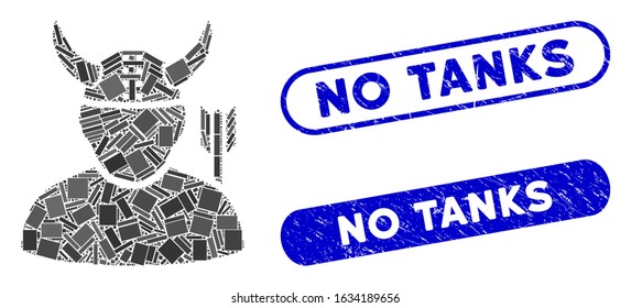 Mosaic warrior and corroded stamp watermarks with No Tanks caption. Mosaic vector warrior is designed with random rectangles. No Tanks stamp seals use blue color, and have round rectangle shape.