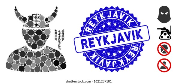 Mosaic warrior icon and grunge stamp seal with Reykjavik phrase. Mosaic vector is designed with warrior icon and with scattered circle spots. Reykjavik stamp seal uses blue color,