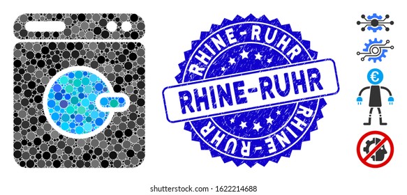 Mosaic washing machine icon and distressed stamp seal with Rhine-Ruhr caption. Mosaic vector is composed with washing machine icon and with random circle elements. Rhine-Ruhr stamp uses blue color,