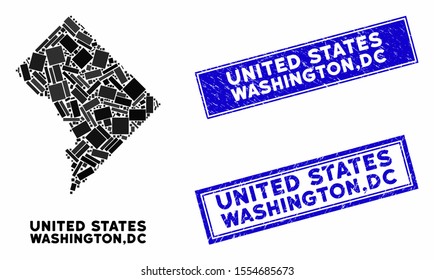 Mosaic Washington DC map and rectangular rubber prints. Flat vector Washington DC map mosaic of random rotated rectangular elements. Blue caption rubber seals with rubber surface.