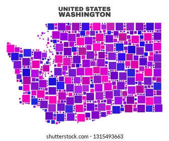 Mosaic Washington State map isolated on a white background. Vector geographic abstraction in pink and violet colors. Mosaic of Washington State map combined of scattered square elements.