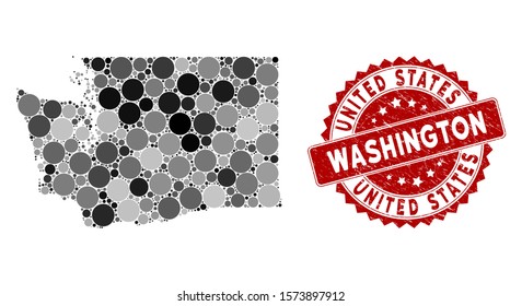 Mosaic Washington State map and round seal stamp. Flat vector Washington State map mosaic of randomized spheric elements. Red rubber seal with rubber surface.
