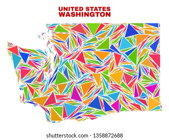 Mosaic Washington State map of triangles in bright colors isolated on a white background. Triangular collage in shape of Washington State map. Abstract design for patriotic illustrations.