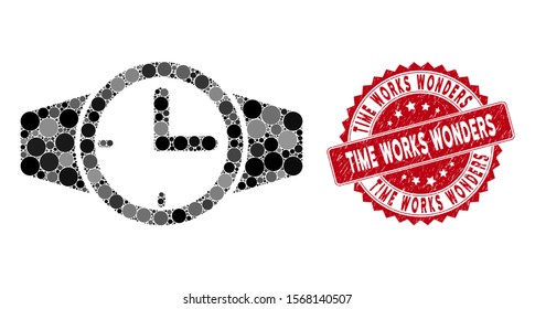 Mosaic watches and distressed stamp seal with Time Works Wonders caption. Mosaic vector is designed from watches icon and with random round spots. Time Works Wonders stamp seal uses red color,