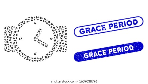 Mosaic watches and distressed stamp seals with Grace Period caption. Mosaic vector watches is formed with random ellipse elements. Grace Period stamp seals use blue color,