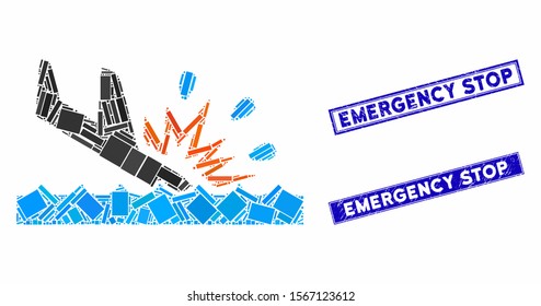 Mosaic water air crash pictogram and rectangle stamps. Flat vector water air crash mosaic icon of random rotated rectangle elements. Blue caption seal stamps with scratched surface.