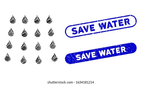 Mosaic water drops and distressed stamp seals with Save Water text. Mosaic vector water drops is formed with randomized rectangles. Save Water seals use blue color, and have round rectangle shape.