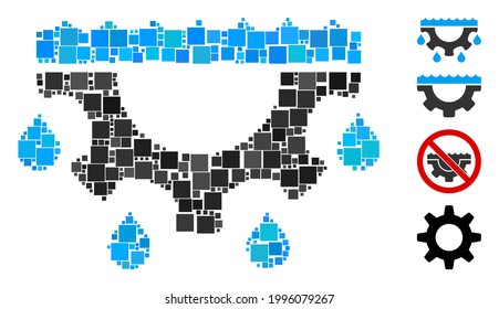 Mosaic Water gear drops icon organized from square items in different sizes and color hues. Vector square items are united into abstract mosaic water gear drops icon. Bonus pictograms are placed.