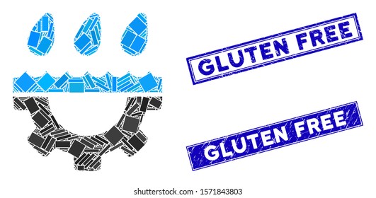Mosaic water gear drops pictogram and rectangle Gluten Free stamps. Flat vector water gear drops mosaic pictogram of randomized rotated rectangle elements.