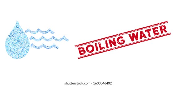 Mosaic water icon and red Boiling Water seal stamp between double parallel lines. Flat vector water mosaic icon of random rotated linear items. Red Boiling Water seal with dirty texture.
