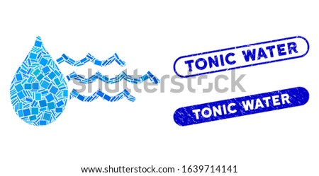 Mosaic water icon and red rounded distressed stamp watermark with Tonic Water caption and coronavirus symbol. Mosaic vector is formed with water icon and with randomized round elements.