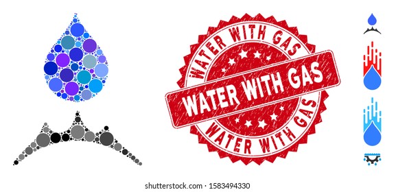 Mosaic water resistent icon and rubber stamp seal with Water with Gas caption. Mosaic vector is designed with water resistent pictogram and with scattered circle spots.