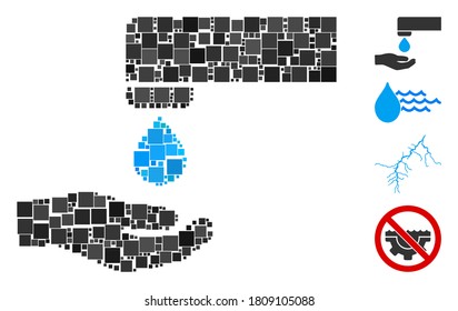 Icono de ahorro de agua mosaico construido a partir de elementos cuadrados en tamaños aleatorios y tonos de color. Los elementos cuadrados vectoriales se unen en un icono abstracto de ahorro de agua en mosaico. Se colocan los iconos de bonificación.