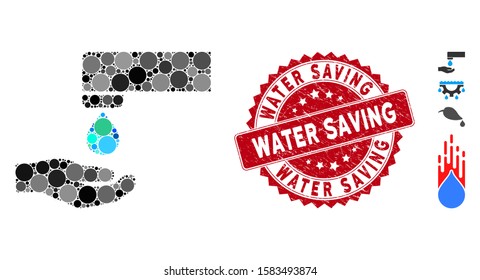 Mosaic water saving icon and rubber stamp seal with Water Saving phrase. Mosaic vector is composed with water saving icon and with random round elements. Water Saving seal uses red color,