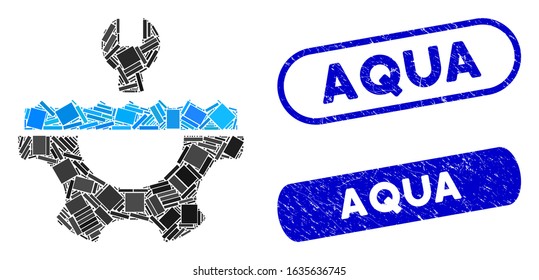 Mosaic water service gear and distressed stamp seals with Aqua caption. Mosaic vector water service gear is created with random rectangle items. Aqua stamp seals use blue color,