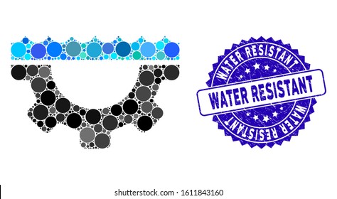 Mosaic water service gear icon and corroded stamp seal with Water Resistant caption. Mosaic vector is designed with water service gear icon and with randomized round elements.