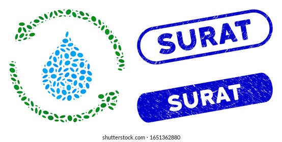 Mosaic water treatment and rubber stamp seals with Surat phrase. Mosaic vector water treatment is created with random oval elements. Surat stamp seals use blue color, and have round rectangle shape.