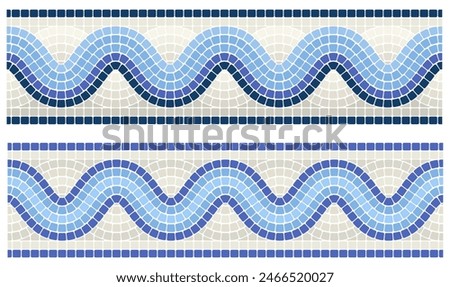 Mosaic wave ornament, seamless wavy border line with portuguese pattern, frame tessellation, vector