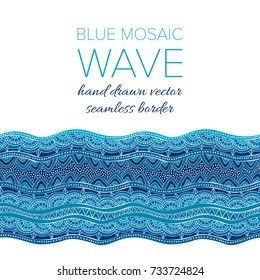 Mosaic wave seamless vector border in colors of blue. Hand drawn graphic ornament for print and interior design. Sea or ocean colorful wavy element in doodle style