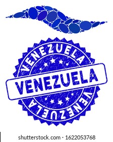 Mosaic wave shape icon and corroded stamp seal with Venezuela caption. Mosaic vector is created with wave shape icon and with randomized ellipse items. Venezuela stamp uses blue color,