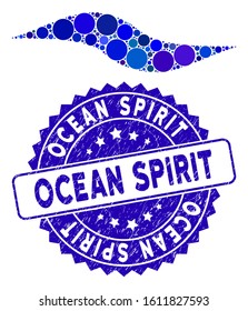 Mosaic wave shape icon and distressed stamp seal with Ocean Spirit text. Mosaic vector is composed with wave shape icon and with scattered spheric items. Ocean Spirit stamp uses blue color,