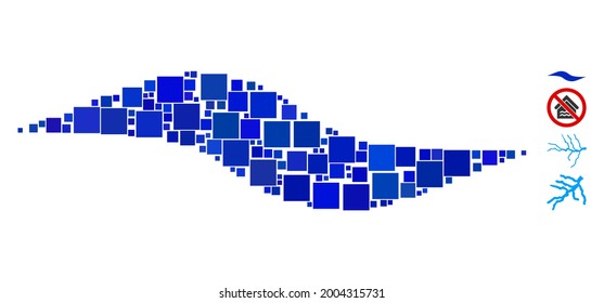 Mosaic Wave shape icon organized from square items in various sizes and color hues. Vector square parts are combined into abstract mosaic wave shape icon. Bonus pictograms are added.
