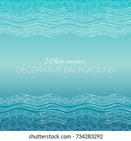 Mosaic wave vector blue gradient background. Hand drawn white decorative ornament in doodle style