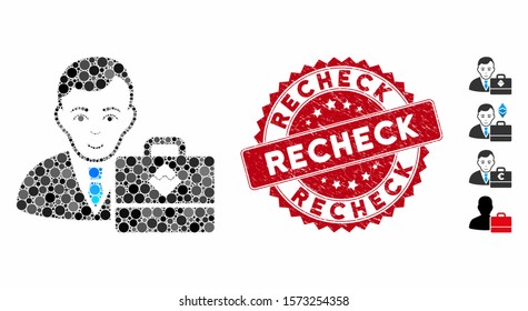 Mosaic waves accounter icon and rubber stamp watermark with Recheck phrase. Mosaic vector is created with waves accounter icon and with scattered spheric items. Recheck stamp uses red color,