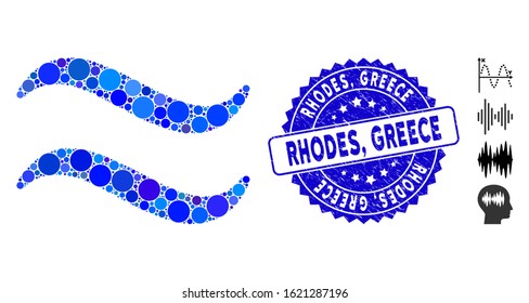Mosaic waves icon and corroded stamp seal with Rhodes, Greece text. Mosaic vector is formed with waves icon and with random spheric elements. Rhodes, Greece stamp seal uses blue color,