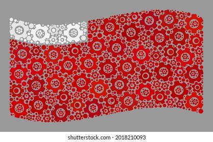 Mosaic waving Abu Dhabi flag created with cogwheel icons. Vector gear mosaic waving Abu Dhabi flag designed for mechanical wallpapers. Abu Dhabi flag collage is created with random machinery icons.