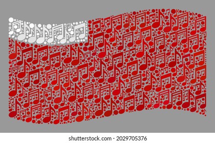 Mosaic waving Abu Dhabi flag designed of musical notes. Vector musical collage waving Abu Dhabi flag combined for festival posters. Abu Dhabi flag collage is designed of randomized melody icons.